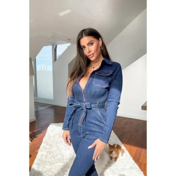 Blue Denim Jeans Long Sleeve Belted Bodycon Jumpsuit Playsuit - Picture 10 of 13